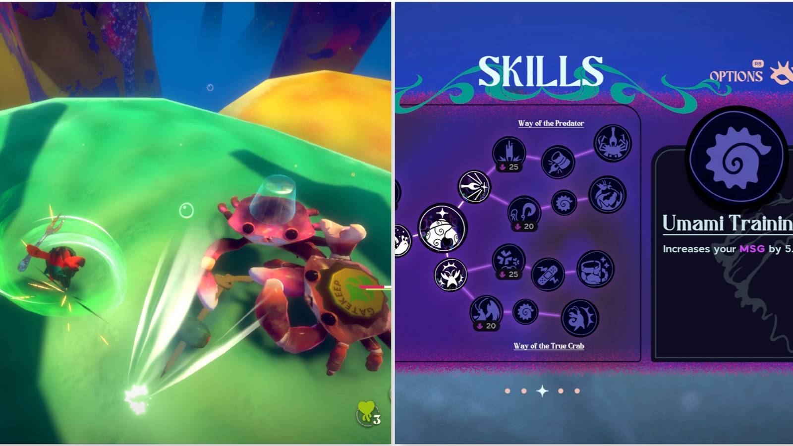 Fighting enemies and the skill menu in Another Crab's Treasure