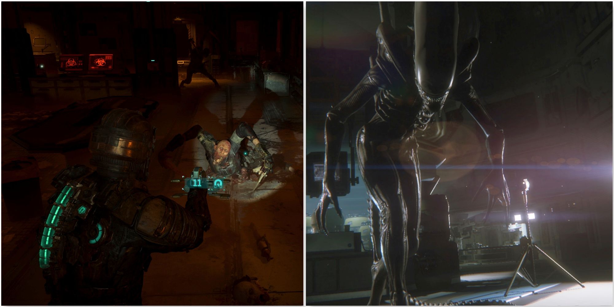 Fighting necromorphs in Dead Space (2023) and An Alien in Alien Isolation