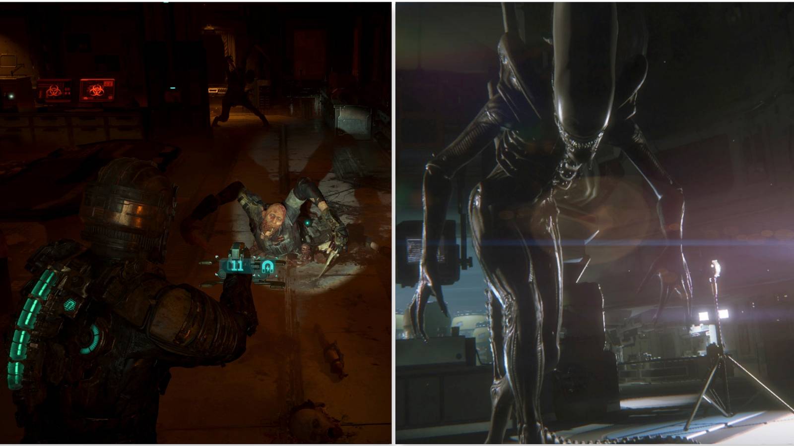 Fighting necromorphs in Dead Space (2023) and An Alien in Alien Isolation