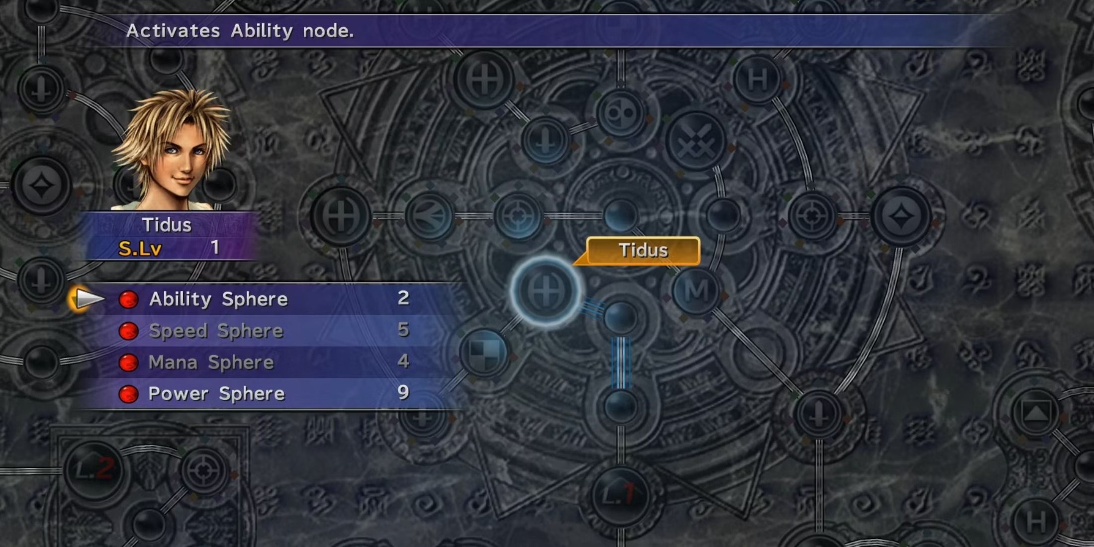 Final Fantasy 10 Tidus in the Sphere Grid system