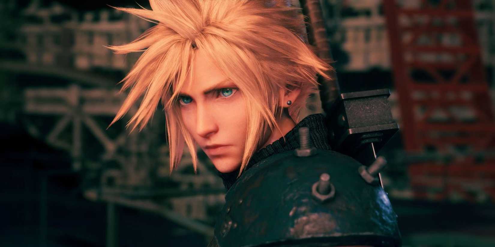 A close-up screenshot of Cloud in Midgar with orange lighting in Final Fantasy 7 Remake.