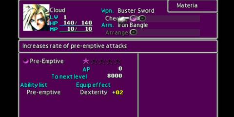 Final Fantasy 7 Cloud during flashback in Materia Menu 