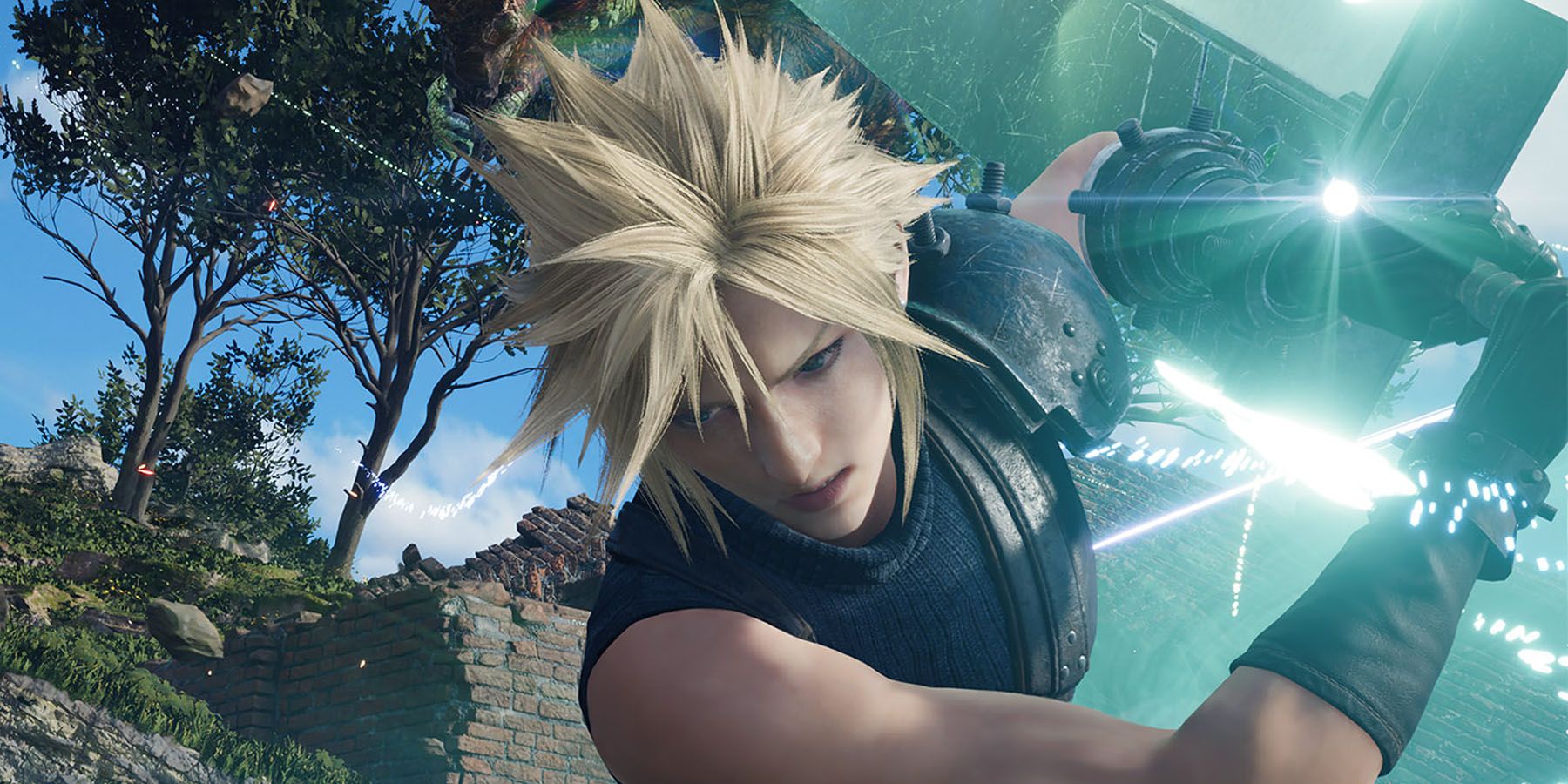 A screenshot of Cloud getting ready for an attack with his Buster Sword in Final Fantasy 7 Rebirth.