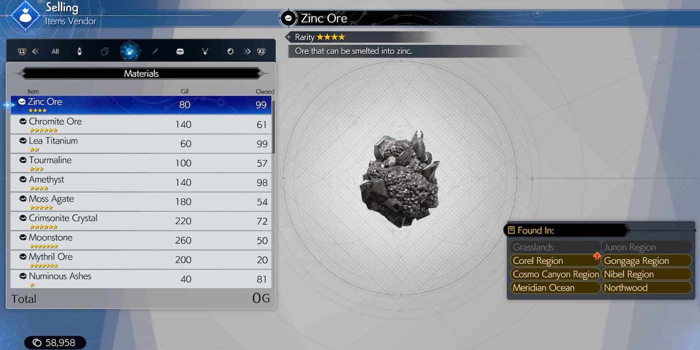 Zinc Ore in the menu