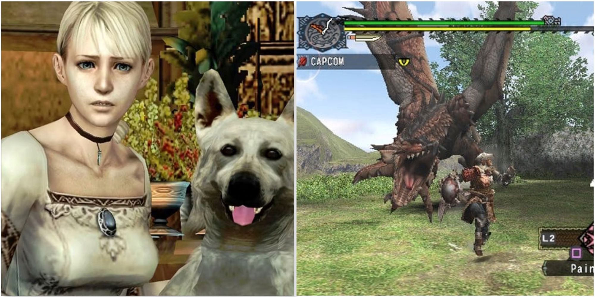 Fiona and Hewie in Haunting Ground and Fighting a monster in Monster Hunter 1