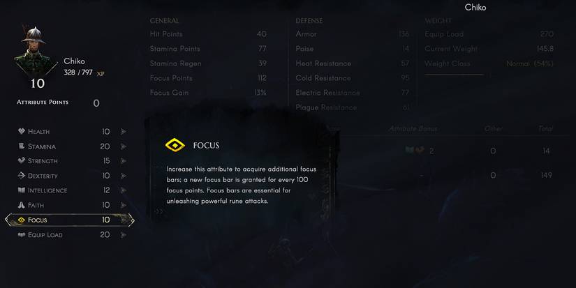 Stats screen in No Rest For The Wicked, Focus Highlighted