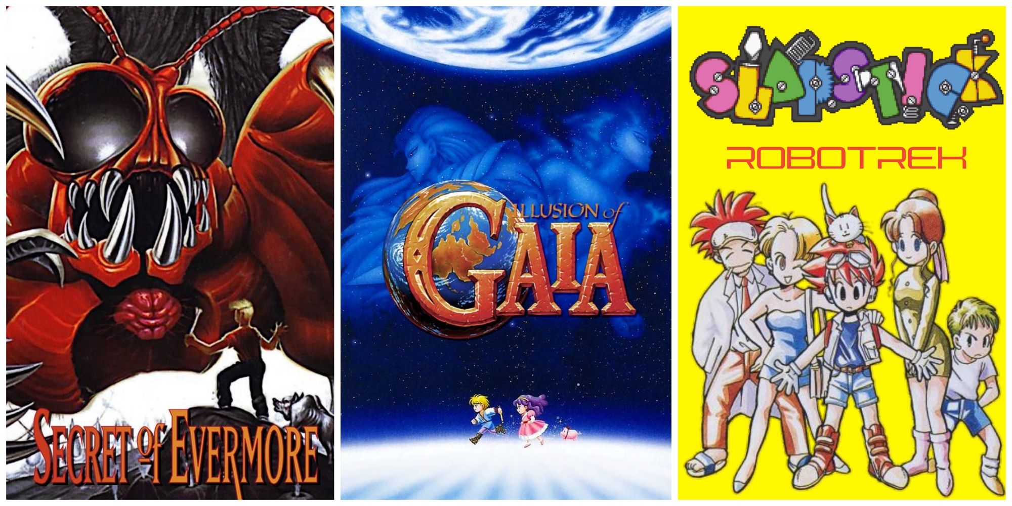 Collage of SNES game cover art: Secret of Evermore (left), Illusion of Gaia (middle), and Robotrek (right)