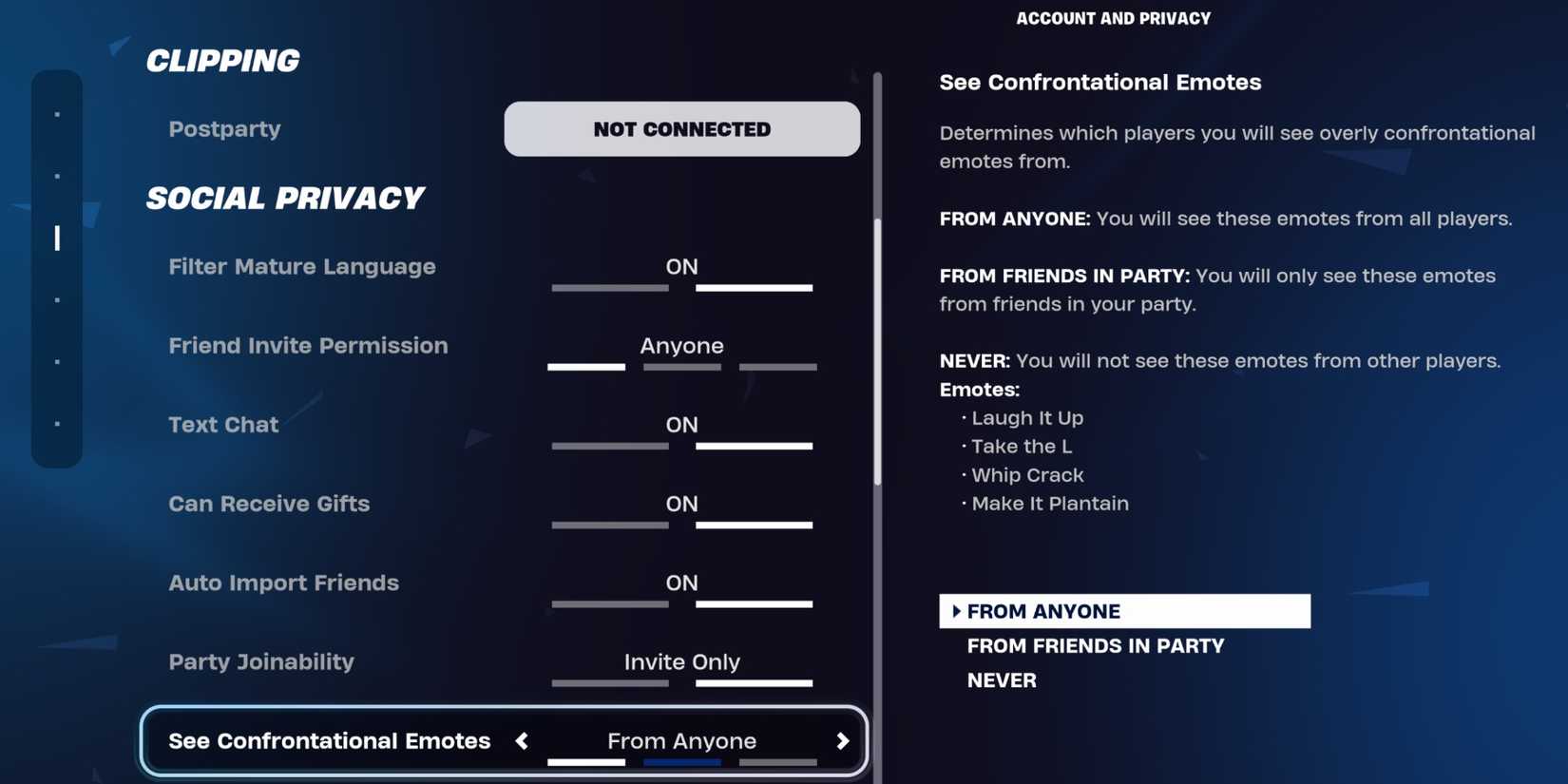 fortnite confrontational emote setting