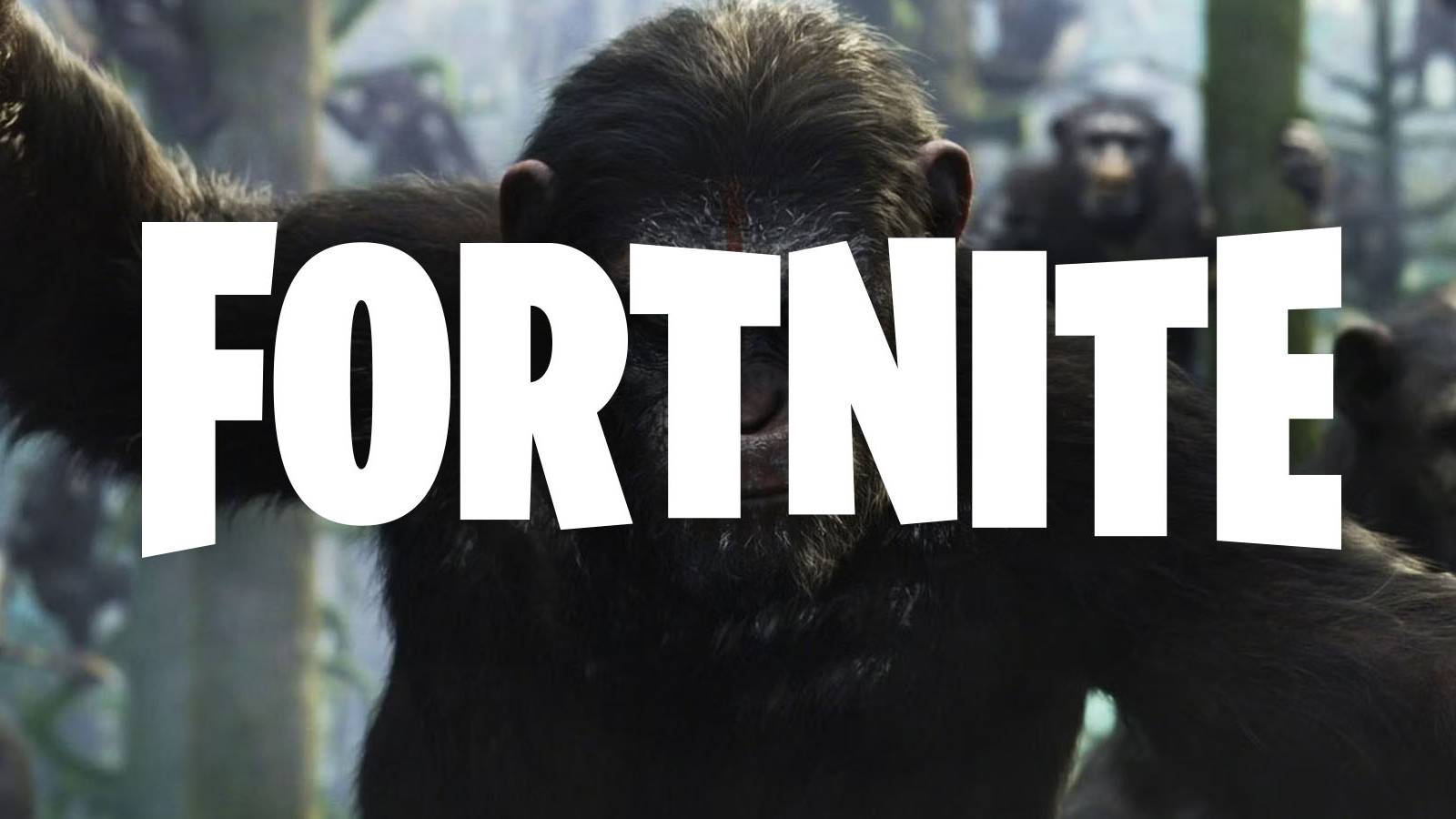 A white Fortnite logo placed in front of Ceasar from Dawn of the Planet of the Apes.