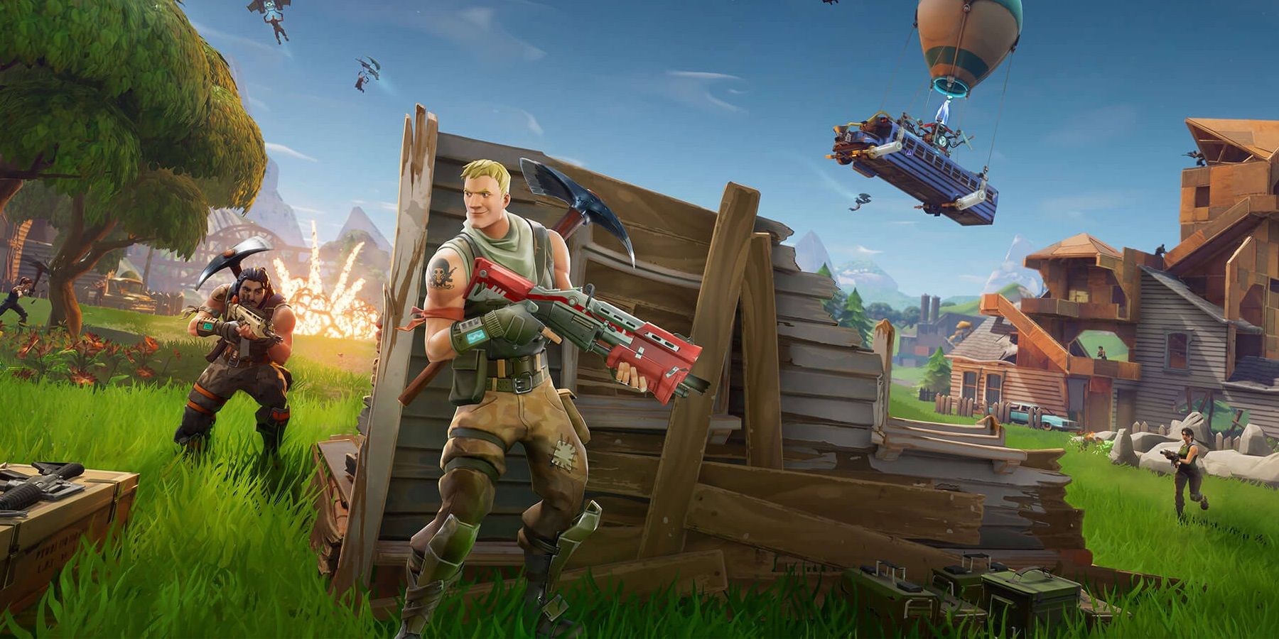 official fortnite promo image with player standing behind wall with shotgun