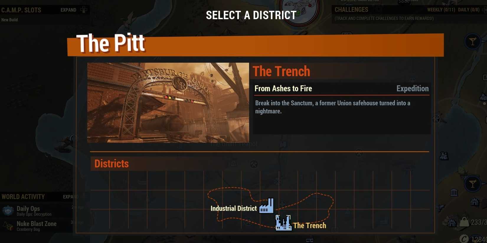 Fallout 76 From Ashes To Fire on the Select A District menu