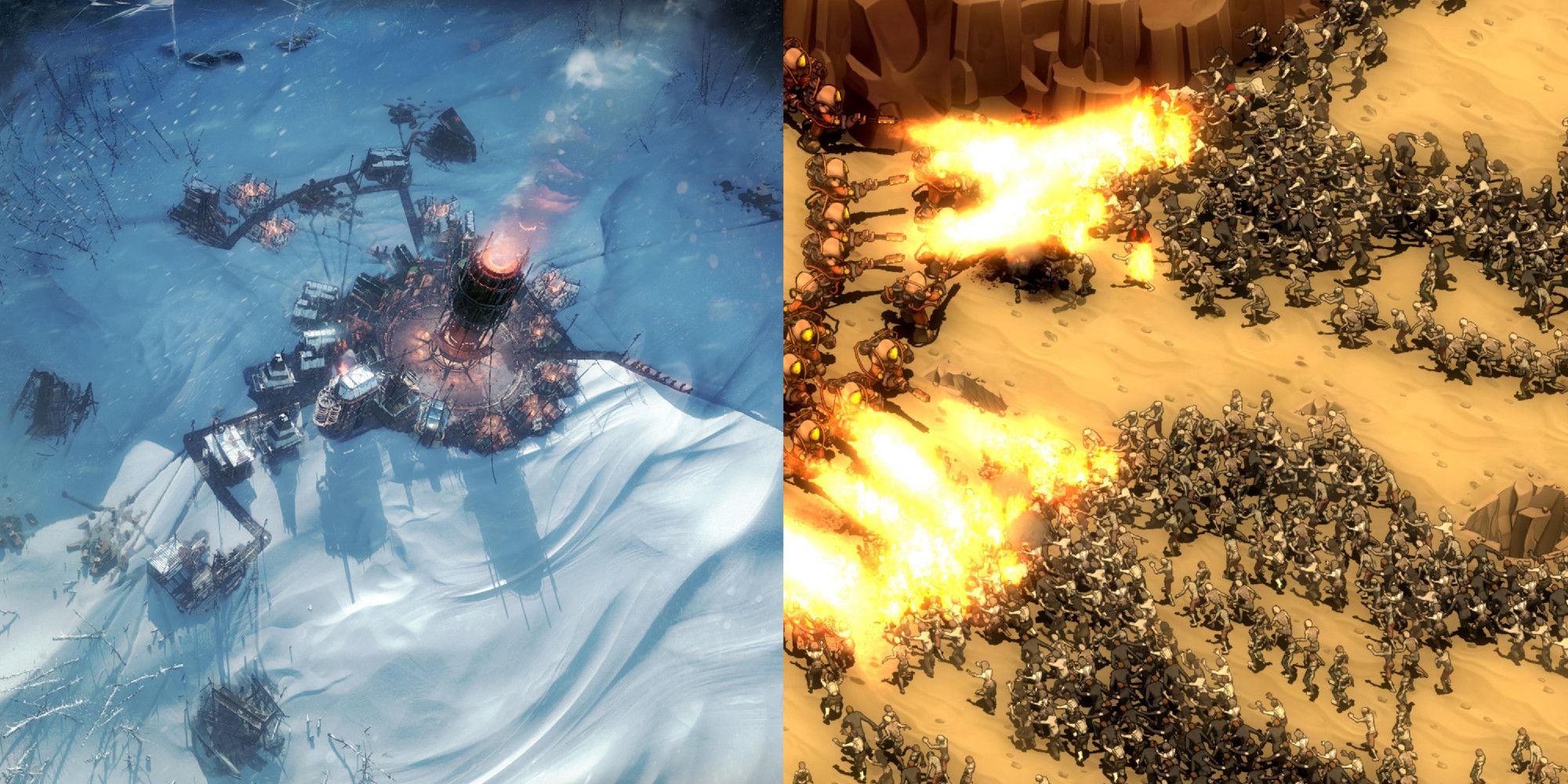 Side by side screenshots from Frostpunk and They Are Billions