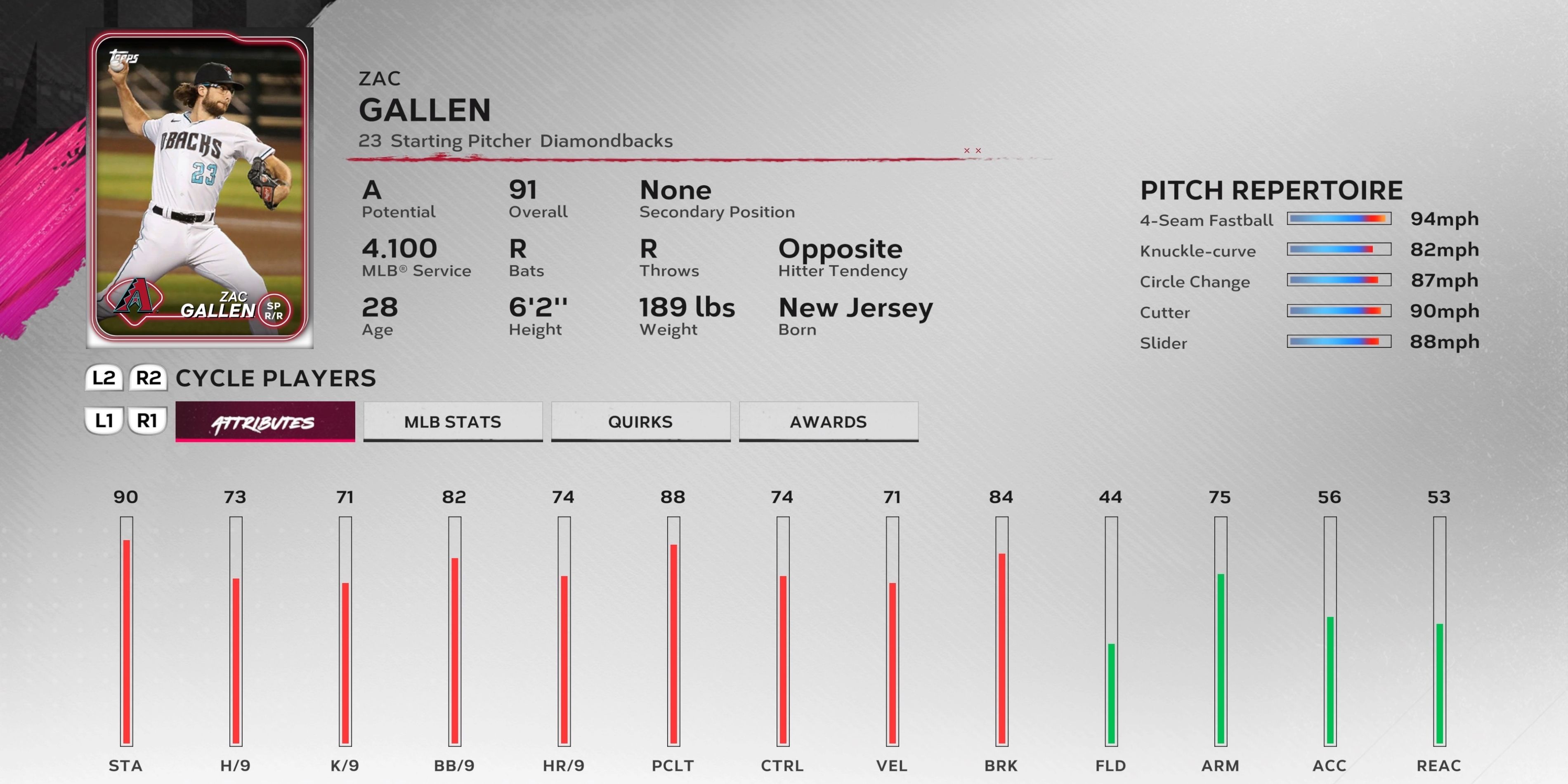 Zac Gallen, a starting pitcher in MLB The Show 24