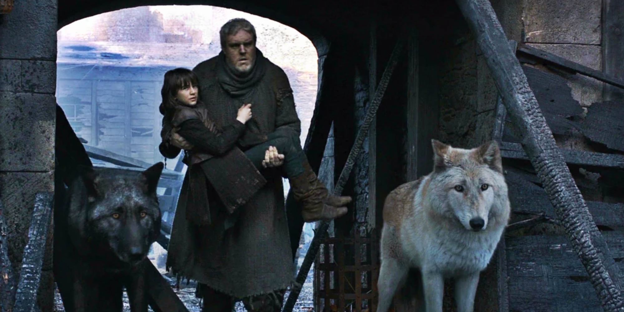 Game of Thrones Hodor carrying Bran with the direwolves Summer and Shaggydog