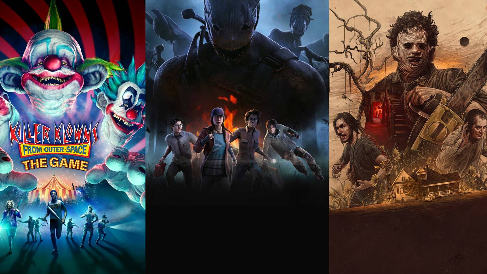 A split image of Killer Klowns From Outer Space: The Game, Dead By Daylight, and The Texas Chain Saw Massacre