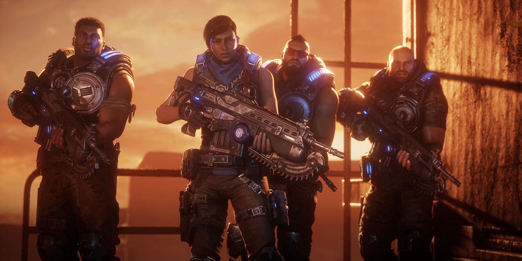 A group of armed soldiers in Gears of War