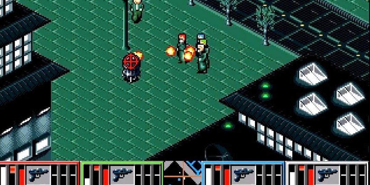 Genesis Syndicate soldiers firing in isometric view night city