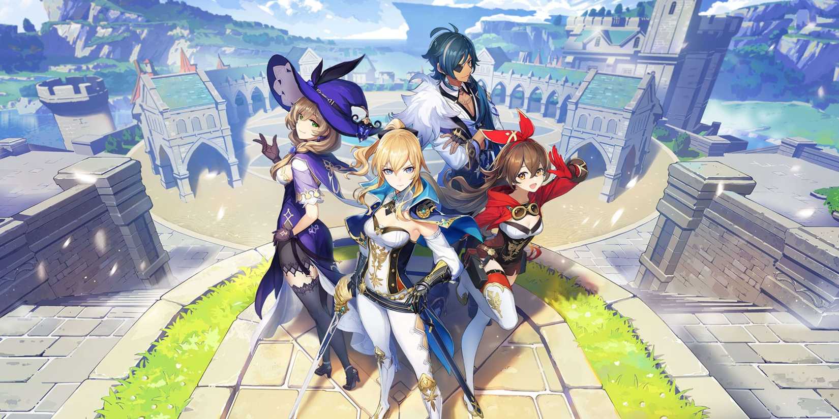 genshin impact lisa jean amber kaeya standing together in mondstadt