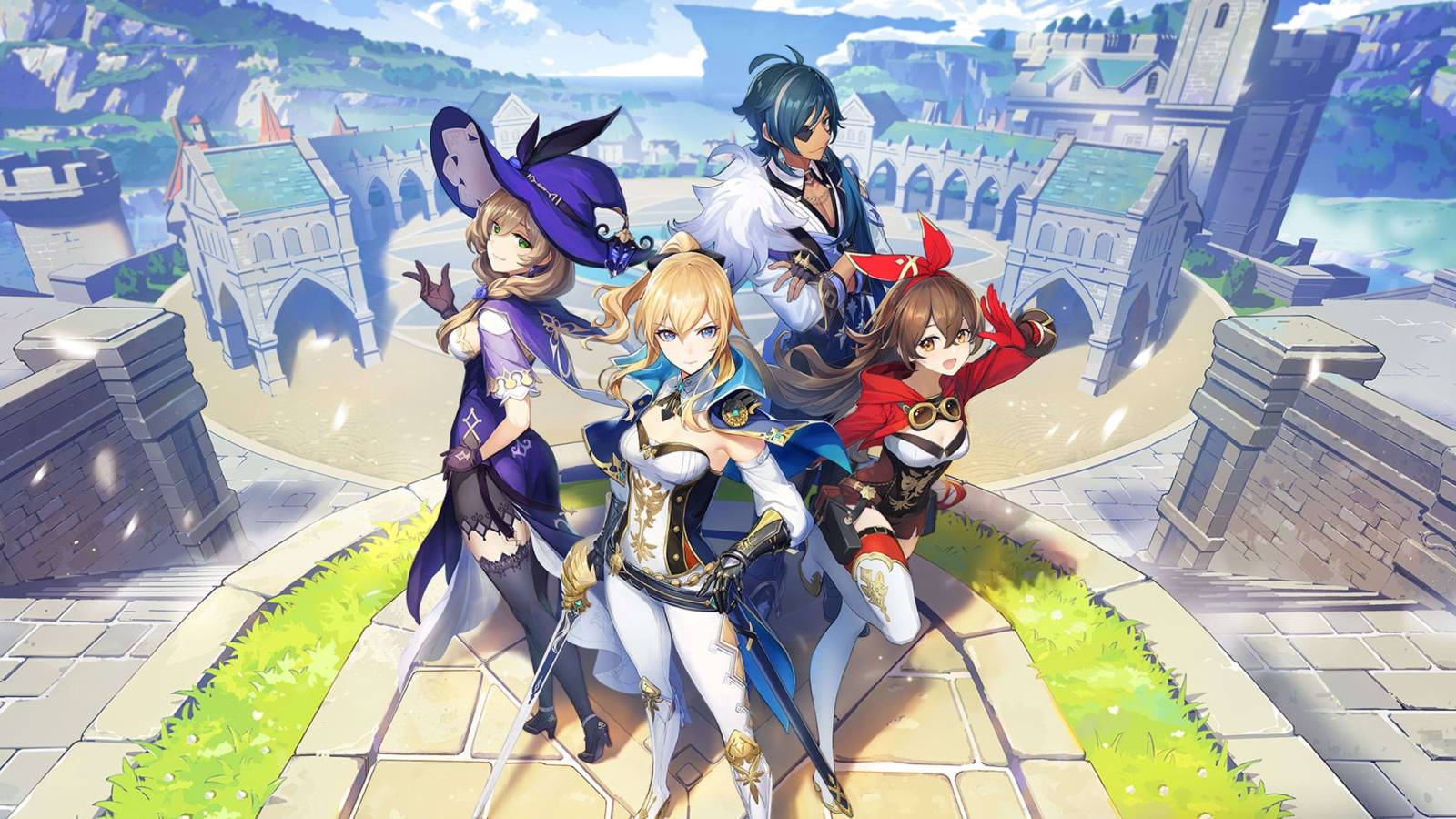 genshin impact lisa jean amber kaeya standing together in mondstadt