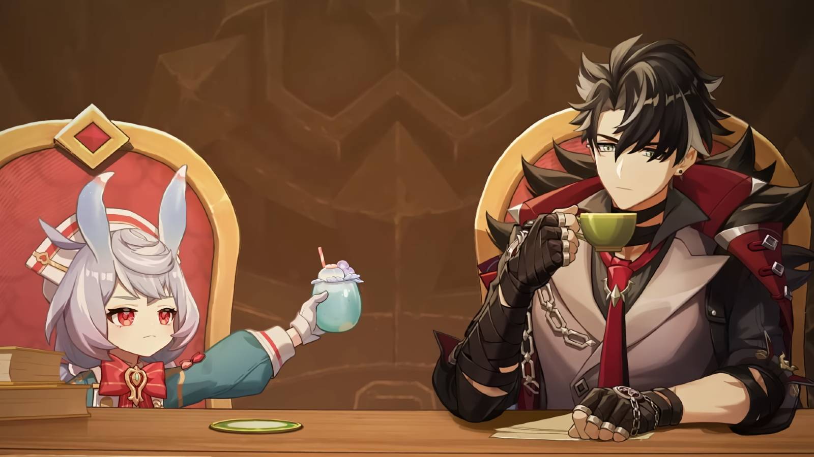 A screenshot from Genshin Impact's Fontaine teaser trailer showing Sigewinne and Wriothesley.