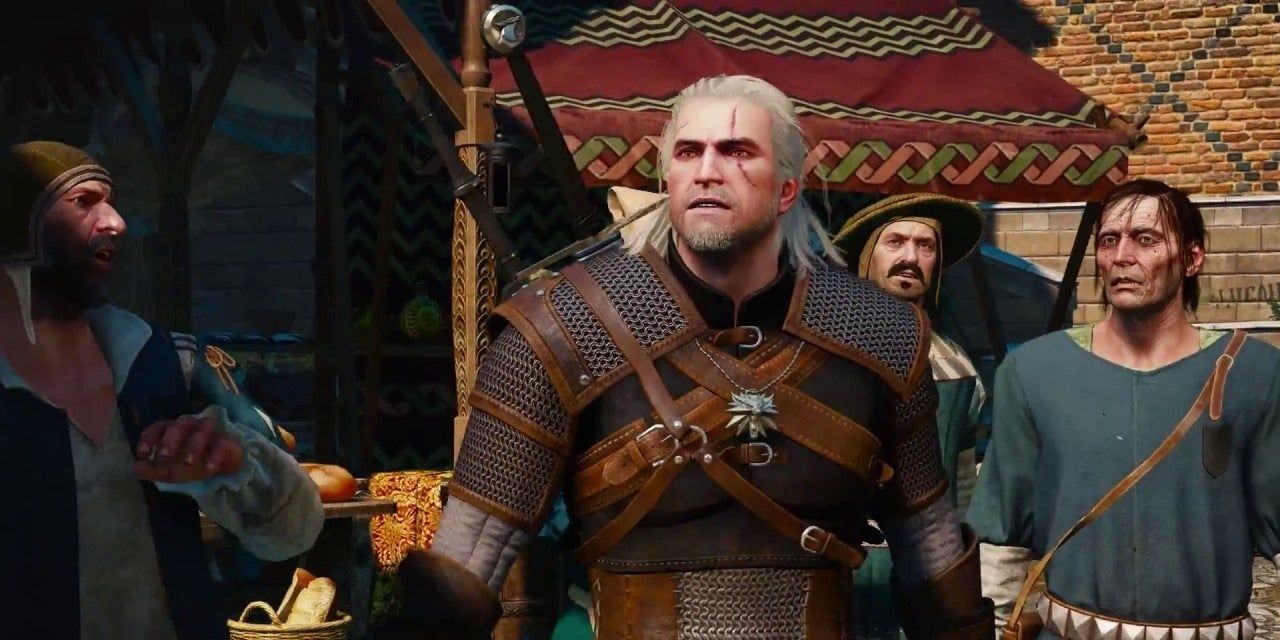 Geralt in a city in The Witcher 3: Wild Hunt
