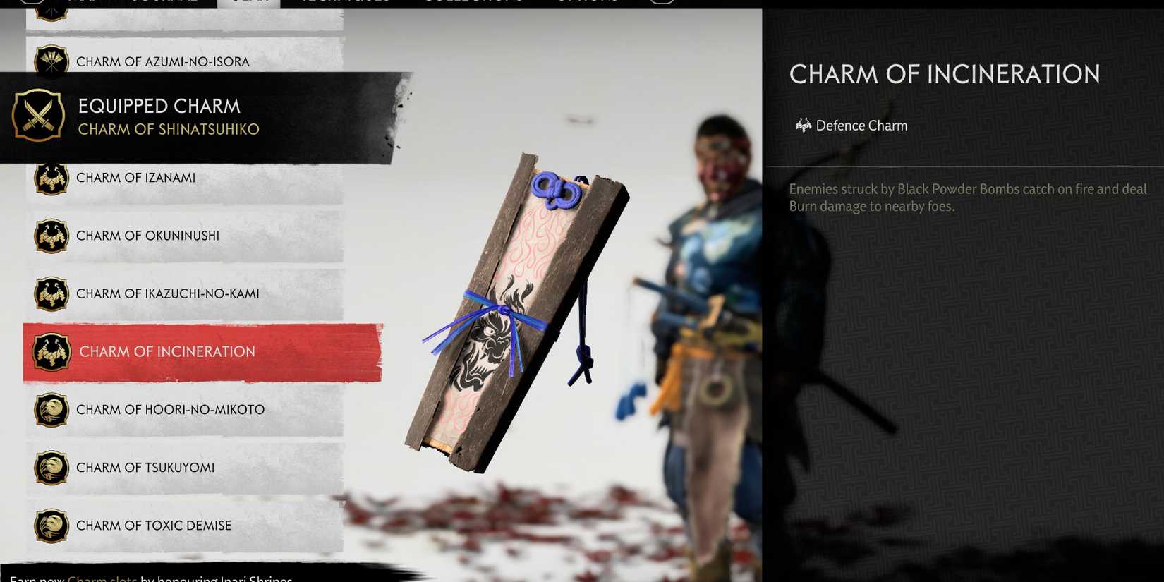 Ghost of Tsushima - Jin with the Charm of Incineration in his inventory