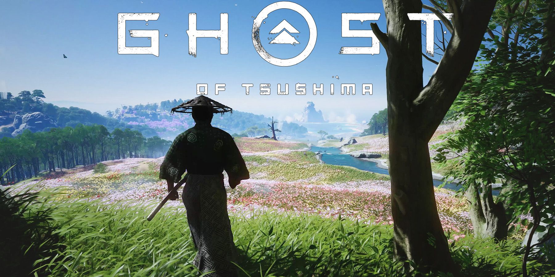 Ghost of Tsushima meadow forest exit scenery with game logo flat shadow edit promo screenshot