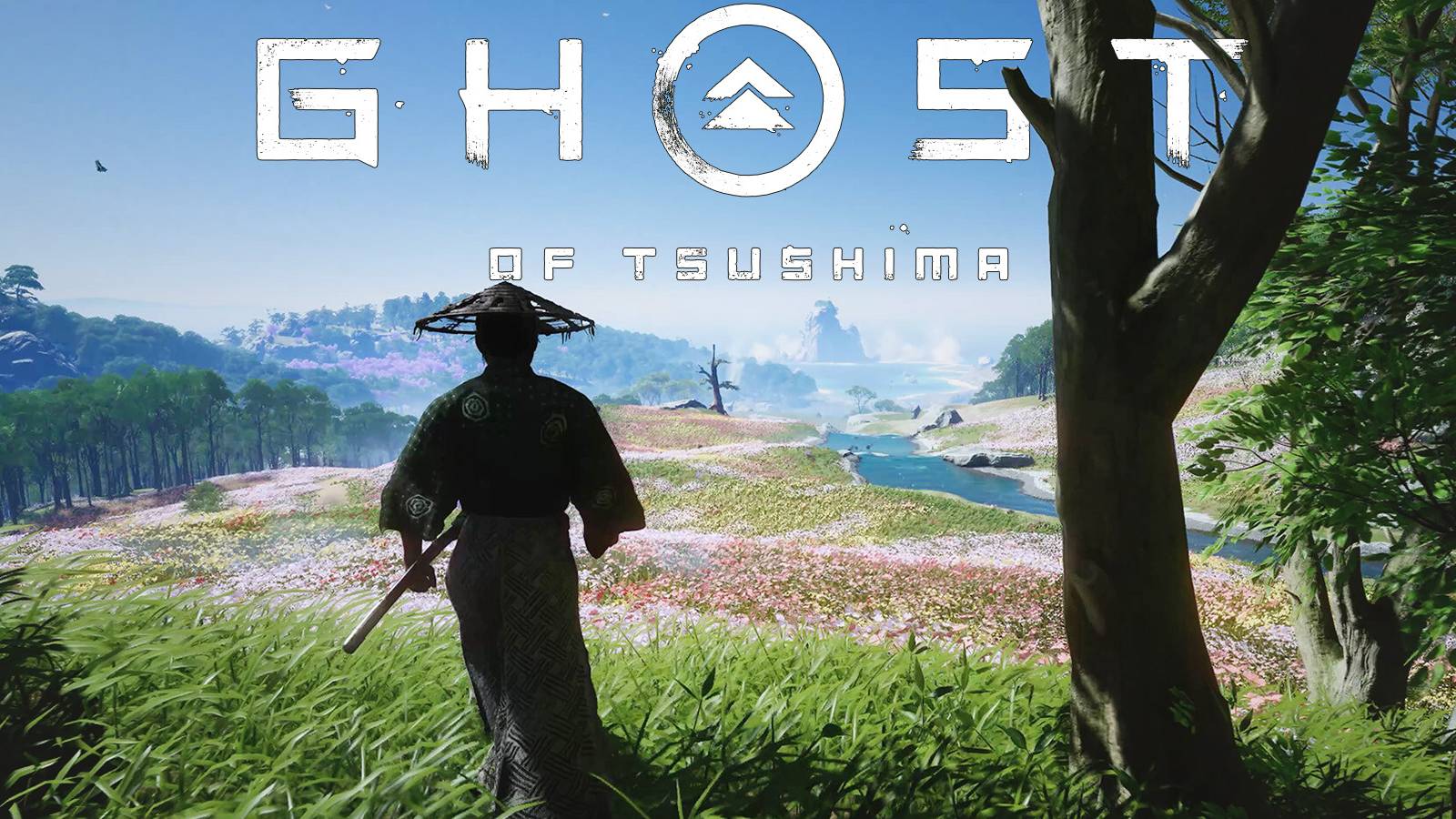 Ghost of Tsushima meadow forest exit scenery with game logo flat shadow edit promo screenshot