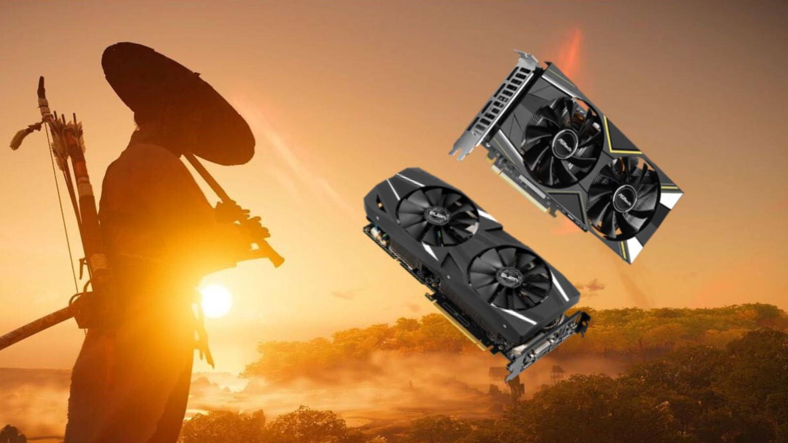 ghost of tsushima art work and two of the recommended pc gpus.