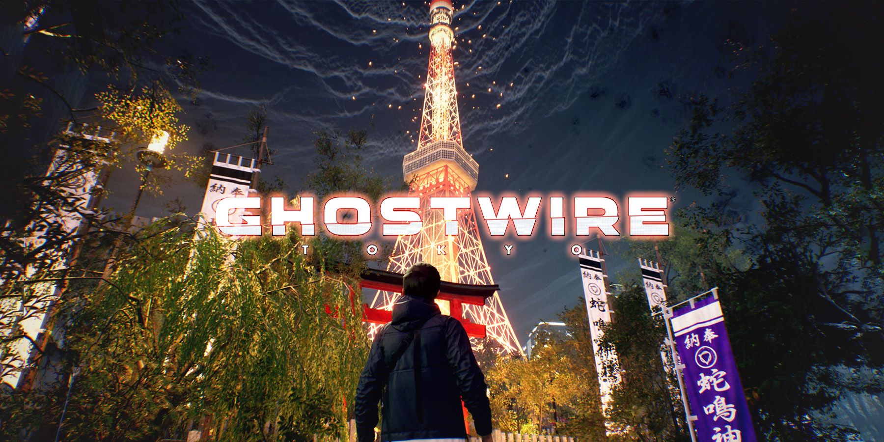 Ghostwire Tokyo promo screenshot Tokyo Tower nighttime with glowing game logo 2x1 edit