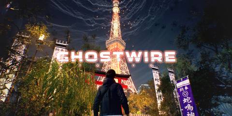 Ghostwire Tokyo promo screenshot Tokyo Tower nighttime with glowing game logo 2x1 edit