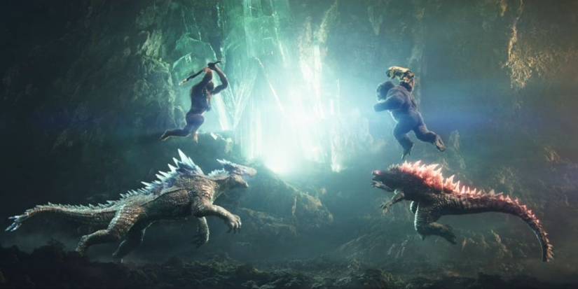 Godzilla and Kong fight Skar King and Shimo in Hollow Earth.