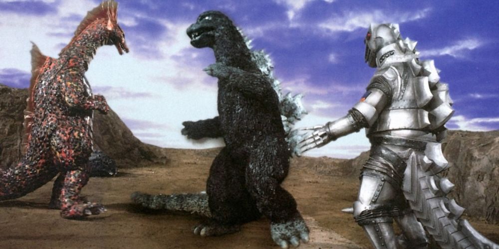 Godzilla fighting both Titanosaurus and Mechagodzilla.