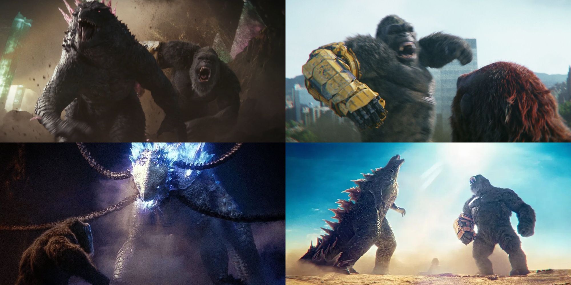 A collage with some of the best fights in Godzilla x Kong: Godzilla and Kong vs. Skar King and Shimo, Kong vs Skar King in Rio de Janeiro, Kong facing Shimo and Godzilla vs. Kong in Egypt.