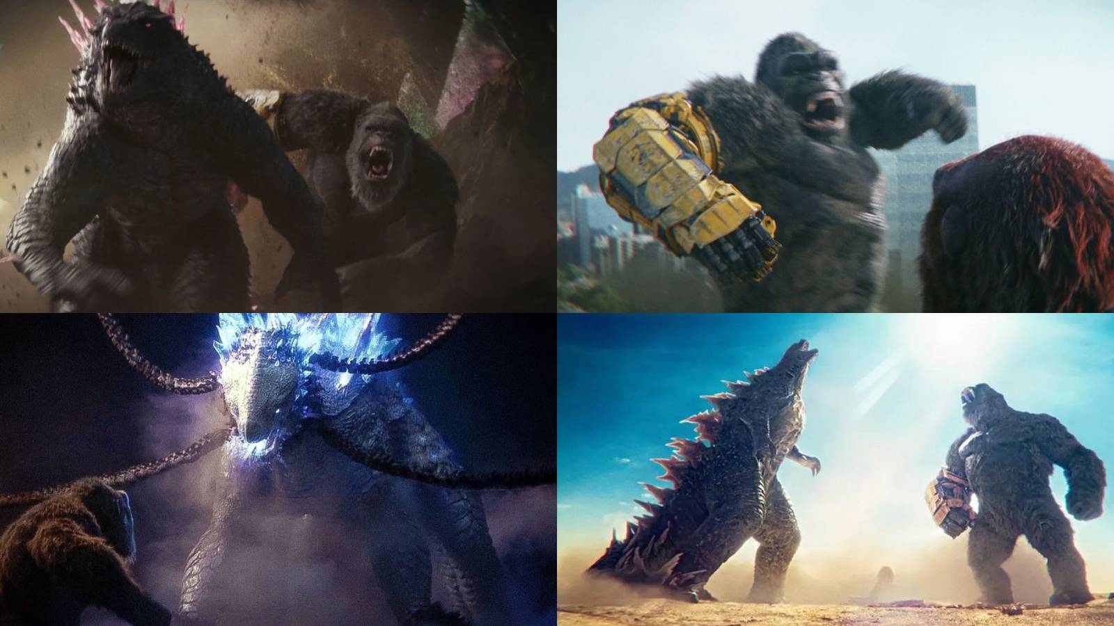 A collage with some of the best fights in Godzilla x Kong: Godzilla and Kong vs. Skar King and Shimo, Kong vs Skar King in Rio de Janeiro, Kong facing Shimo and Godzilla vs. Kong in Egypt.