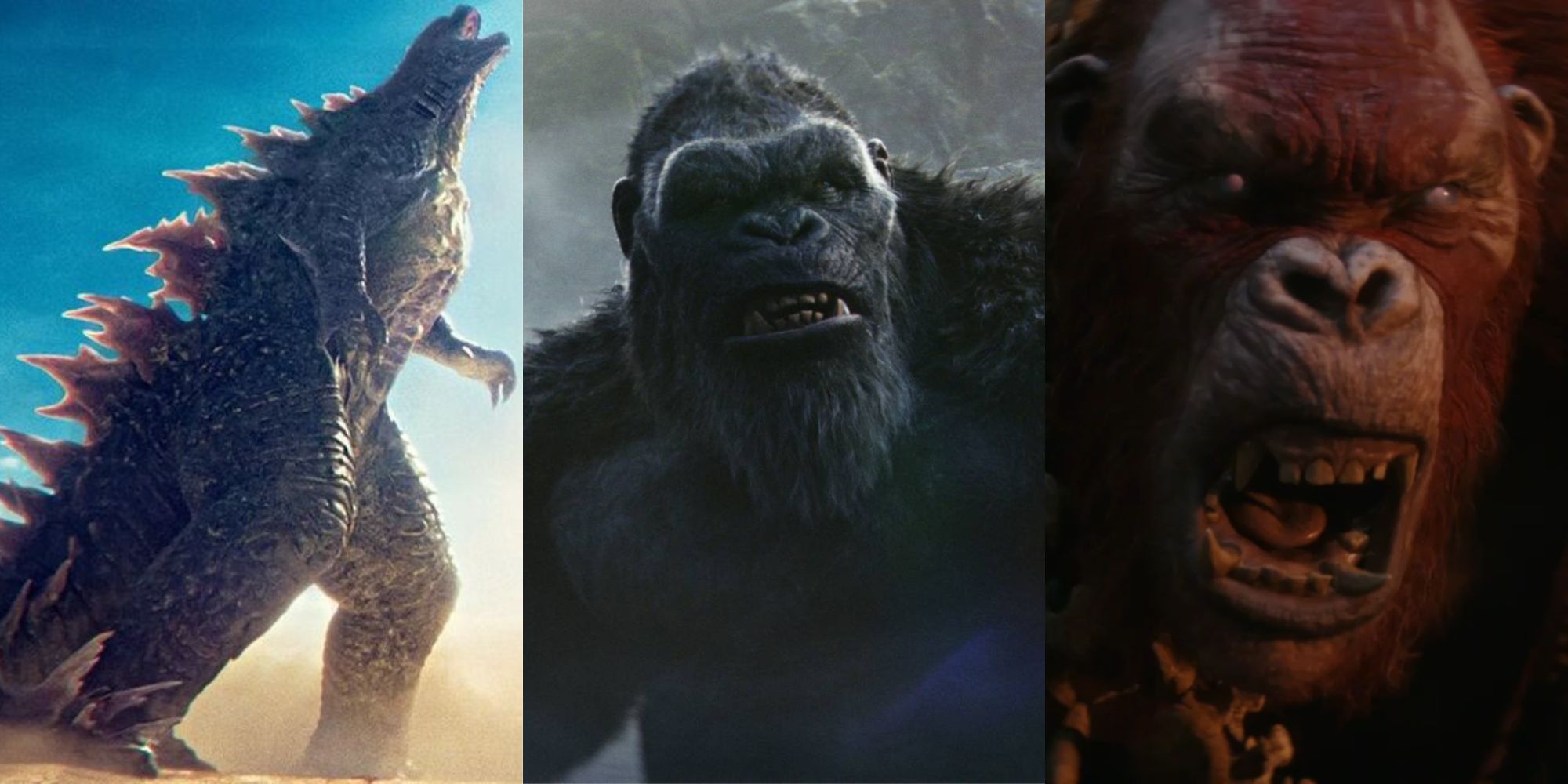 A collage with three of the most prominent kaiju in the film: Godzilla, King Kong and Skar King.