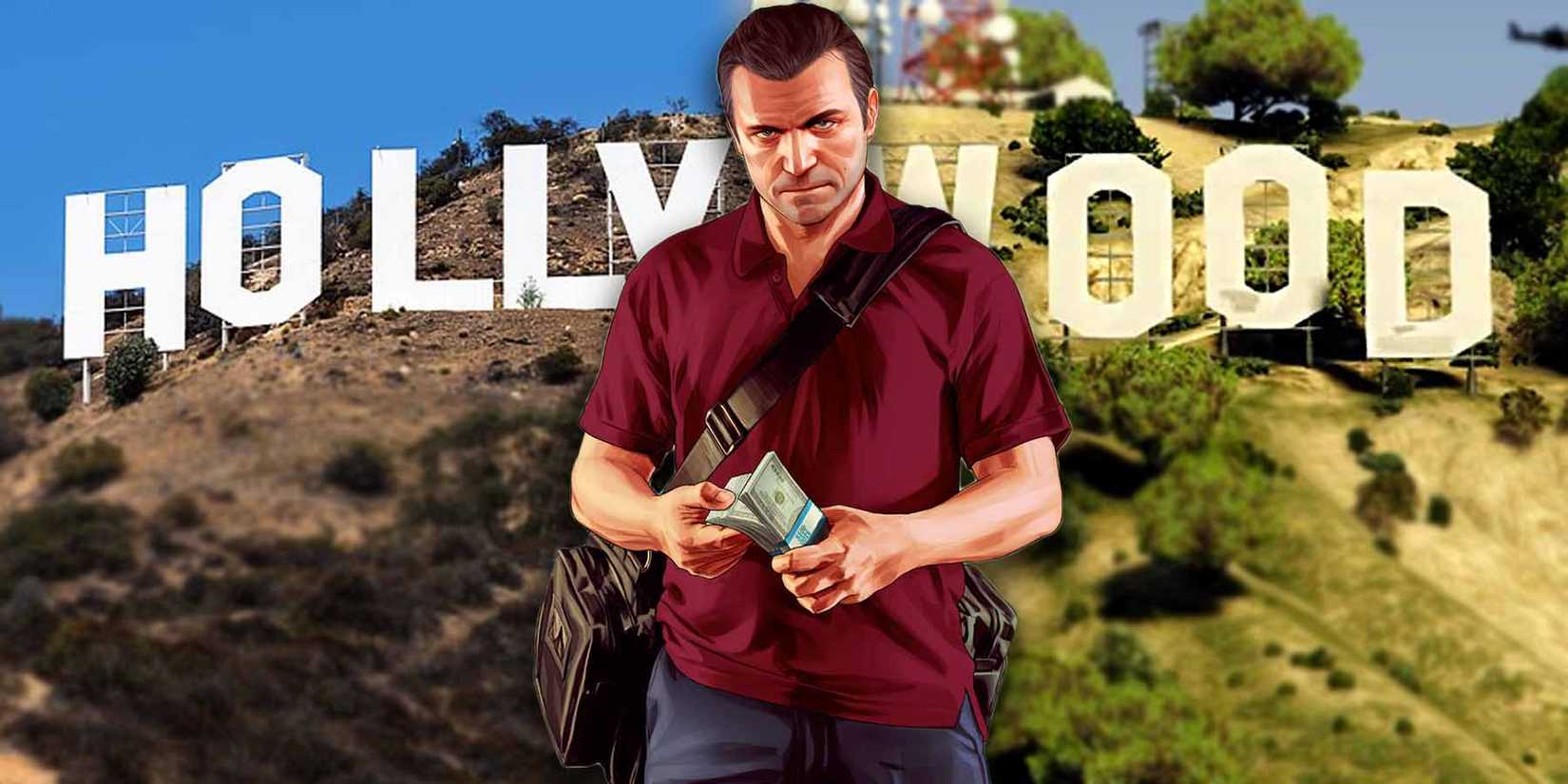 Michael from Grand Theft Auto 5 standing in front of the vinewood and hollywood sign