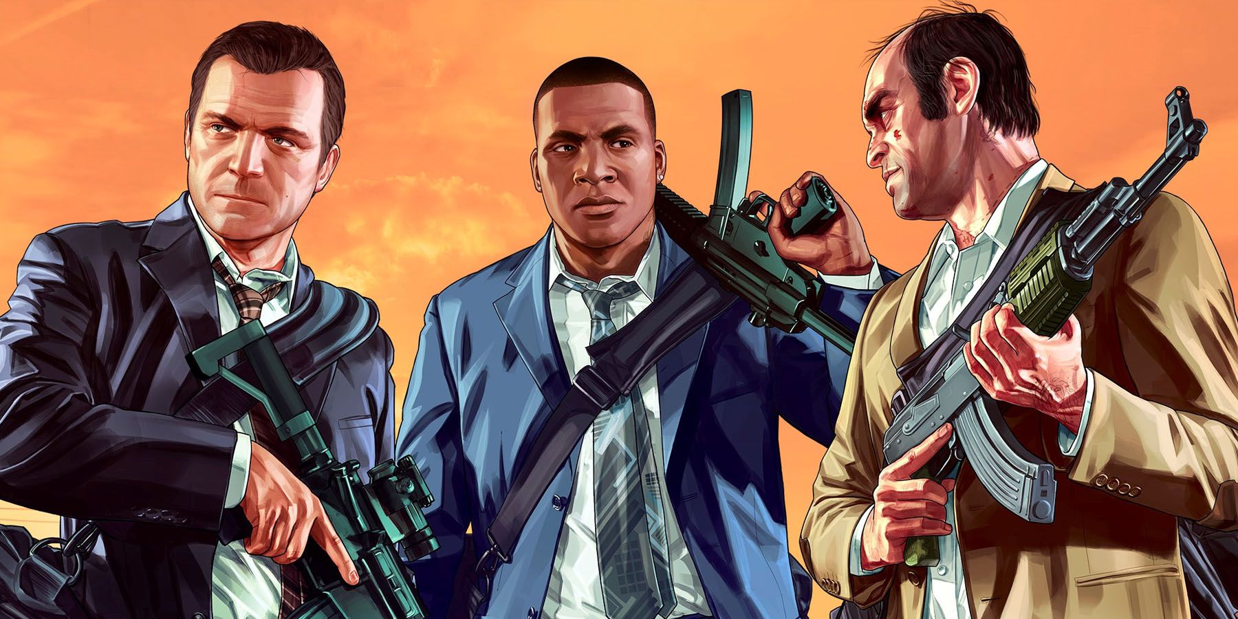 An image of Grand Theft Auto Characters Michael, Frankin, and Trevor holding guns at sunset.