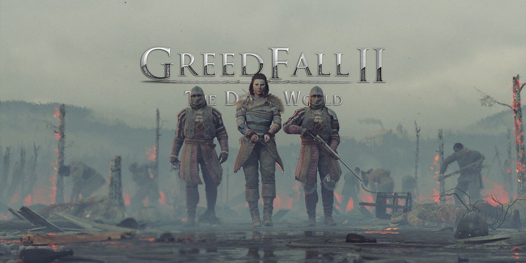 GreedFall 2 characters walking with logo behind them