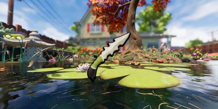 The Bone Dagger from Grounded in front of a Koi Pond