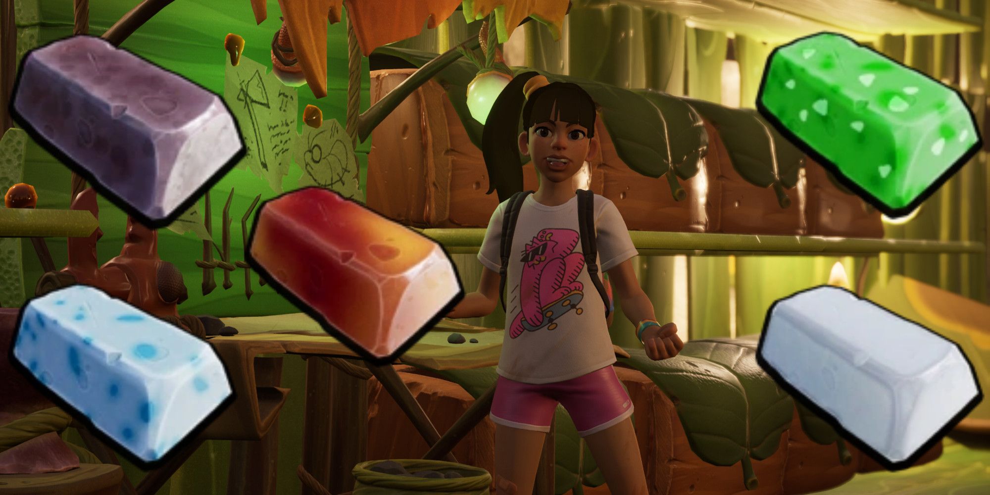 Hoops, one of the playable teens in Grounded, next to the Globs needed to upgrade weapons