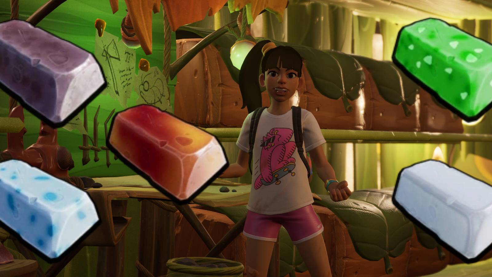 Hoops, one of the playable teens in Grounded, next to the Globs needed to upgrade weapons