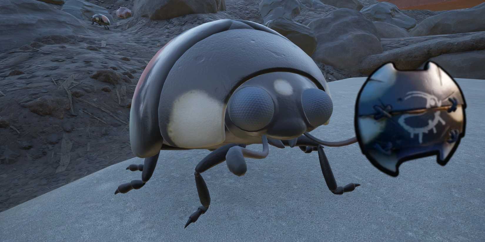 A Ladybird in Grounded next to the Ladybird Shield