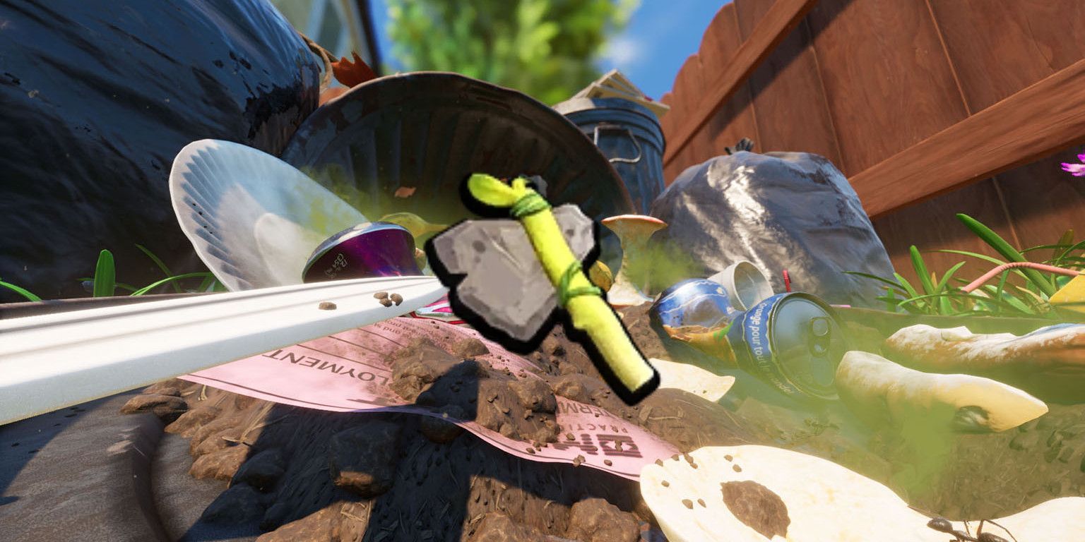 The Pebblet Axe from Grounded in front of the Trash Heap