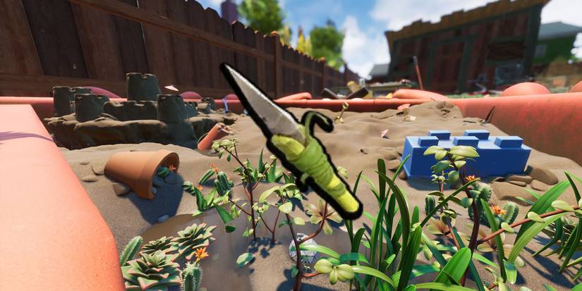 Pebblet Spear in front of the sandbox from Grounded