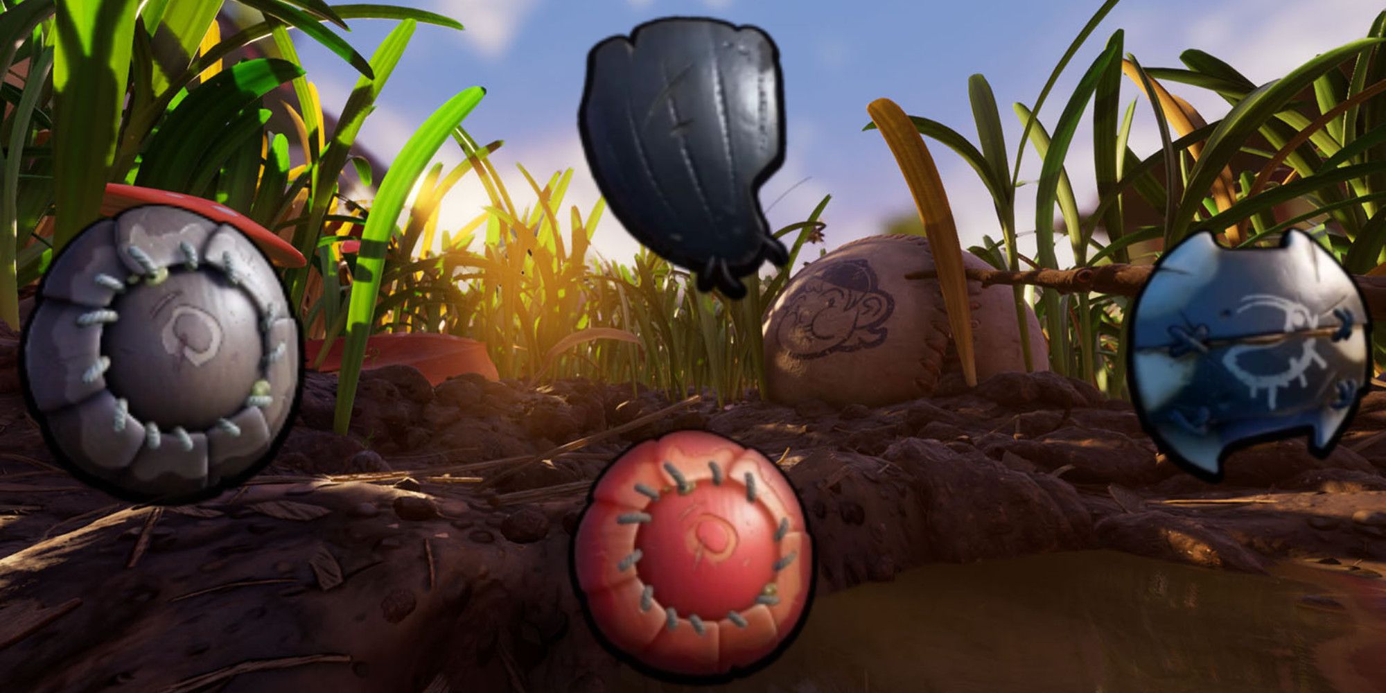 All four shields in Grounded in front of the game's Grasslands biome
