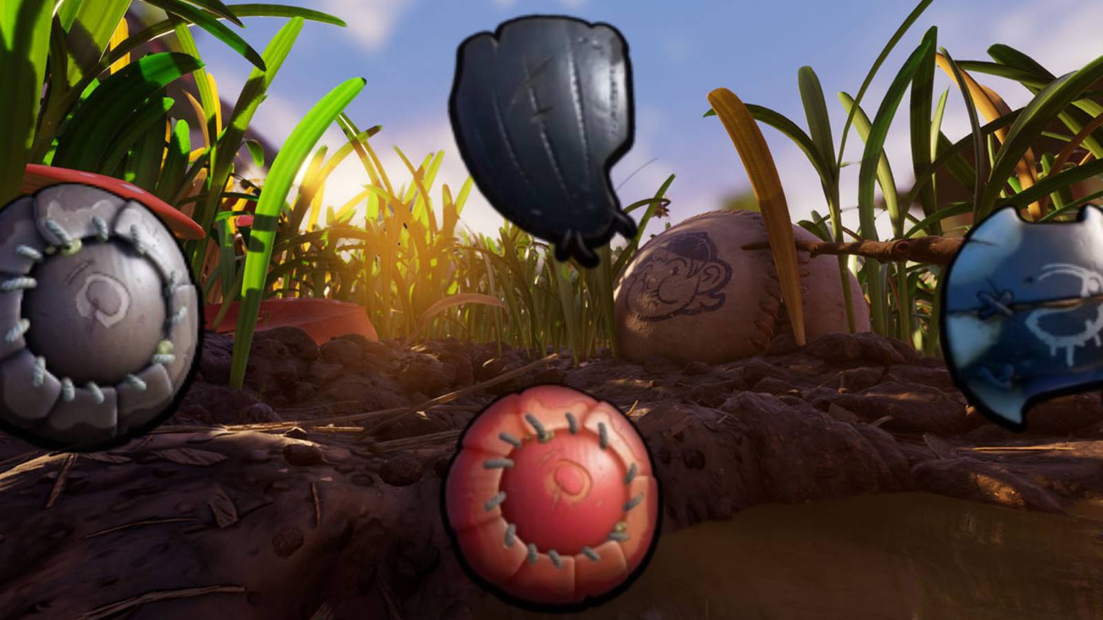 All four shields in Grounded in front of the game's Grasslands biome