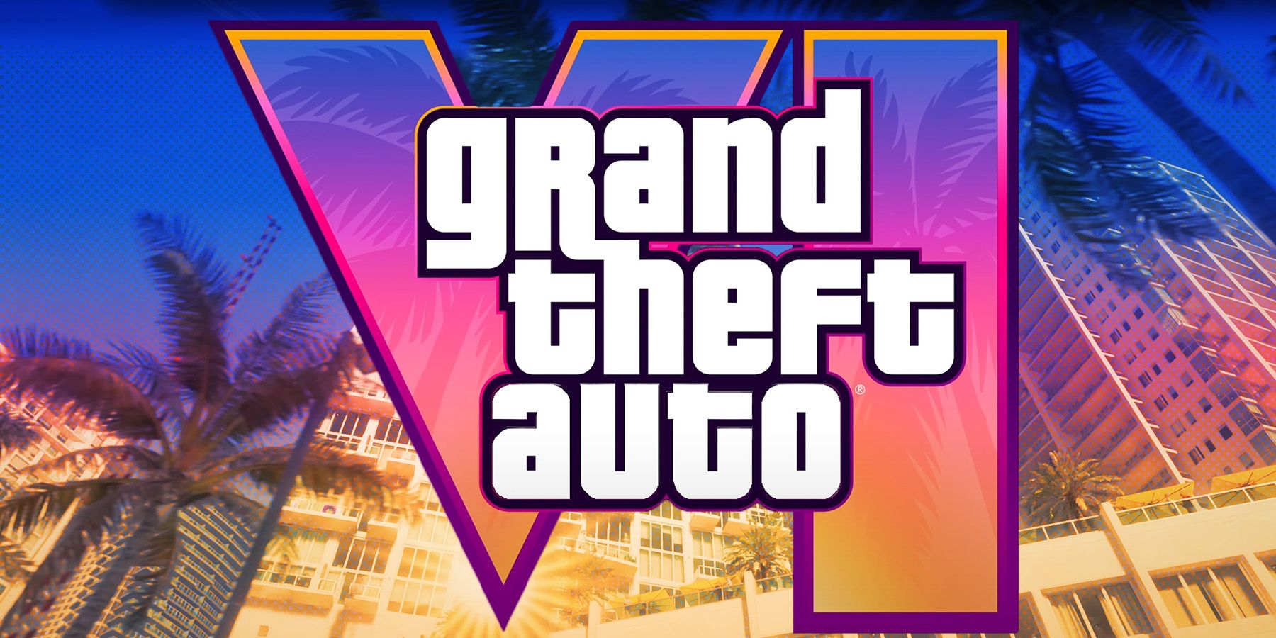 GTA 6 logo on Grand Theft Auto 6 Trailer 1 street view of hotel screenshot dot halftone effect
