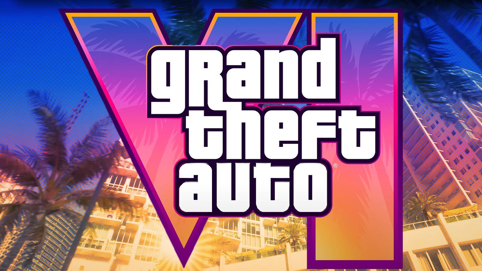 GTA 6 logo on Grand Theft Auto 6 Trailer 1 street view of hotel screenshot dot halftone effect