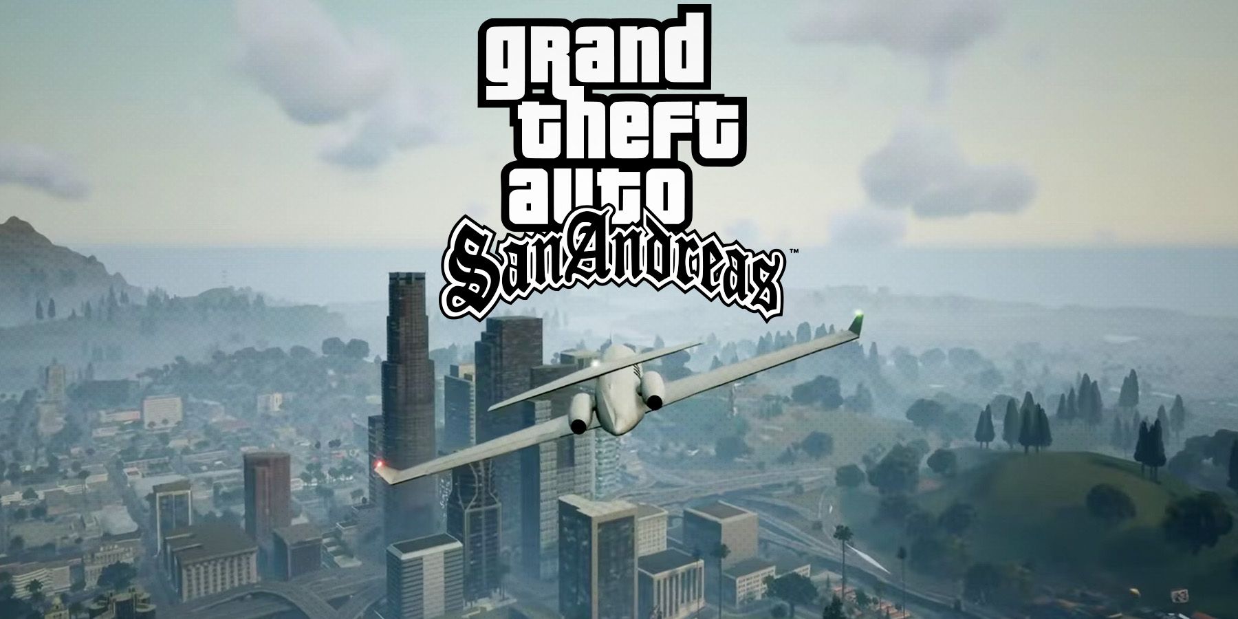 GTA San Andreas Definitive Edition plane flying below game logo composite